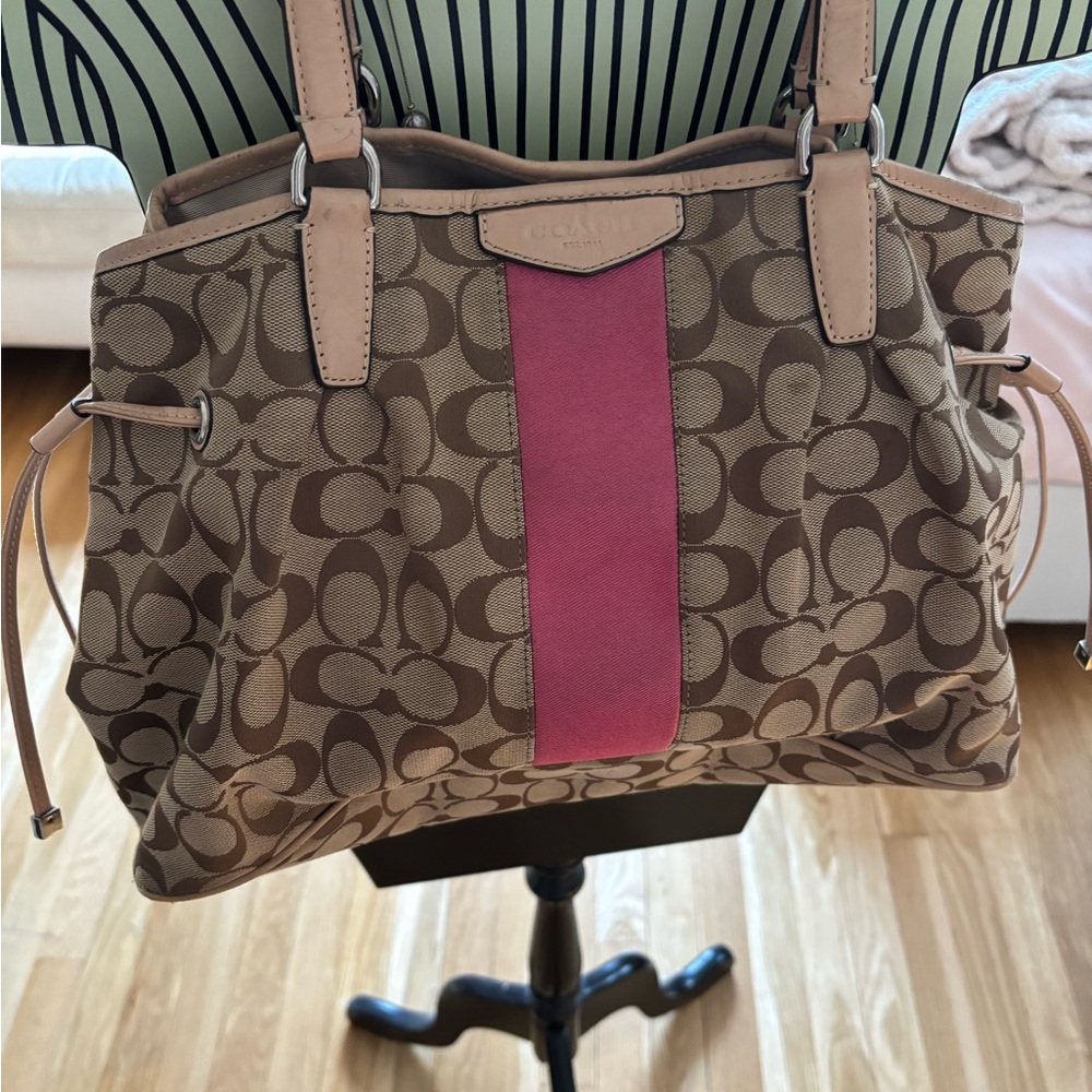 Coach Brown and Pink Signature Shoulder Bag